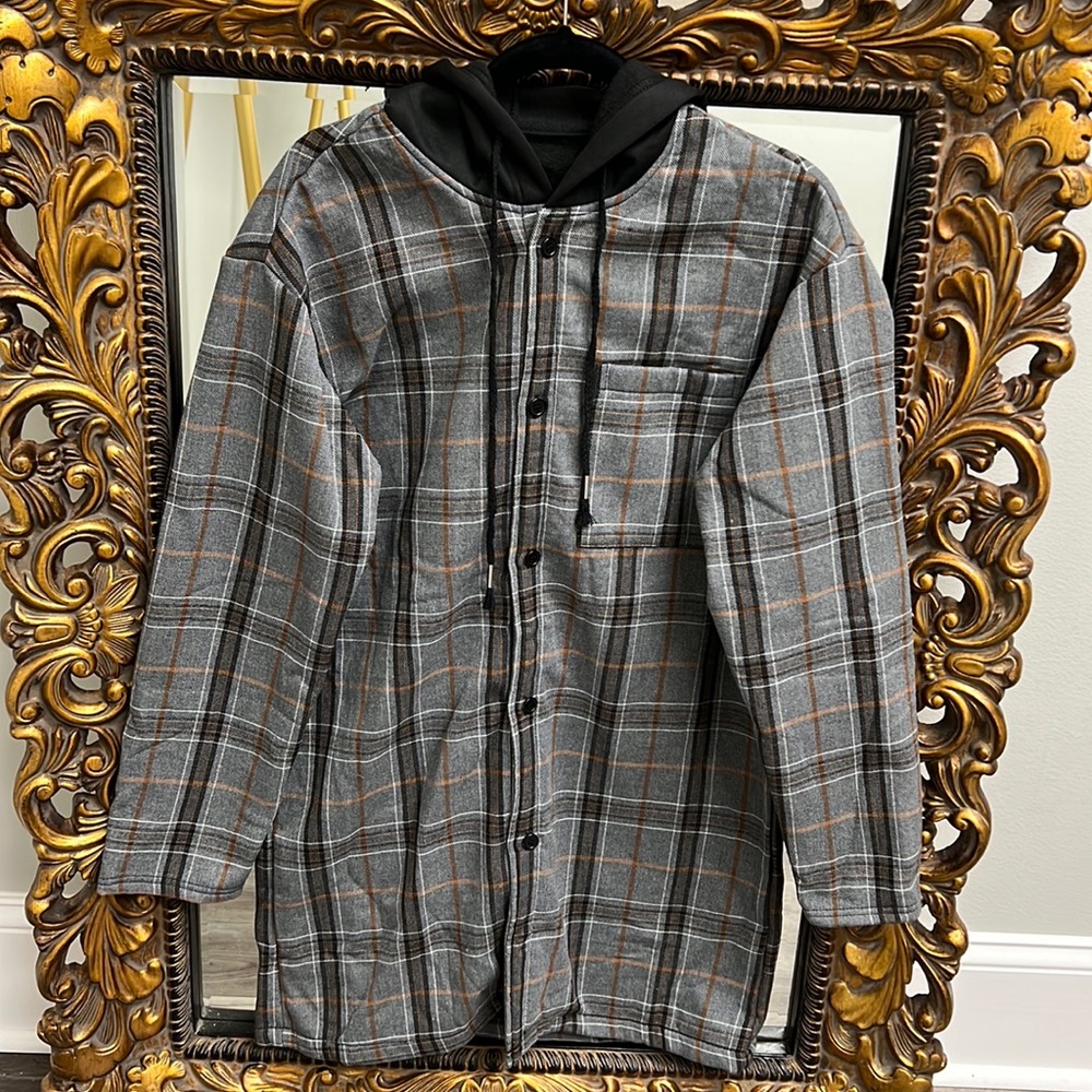 Shein Flannel Fleece Lined Button Up Hooded Jacket Men Size M